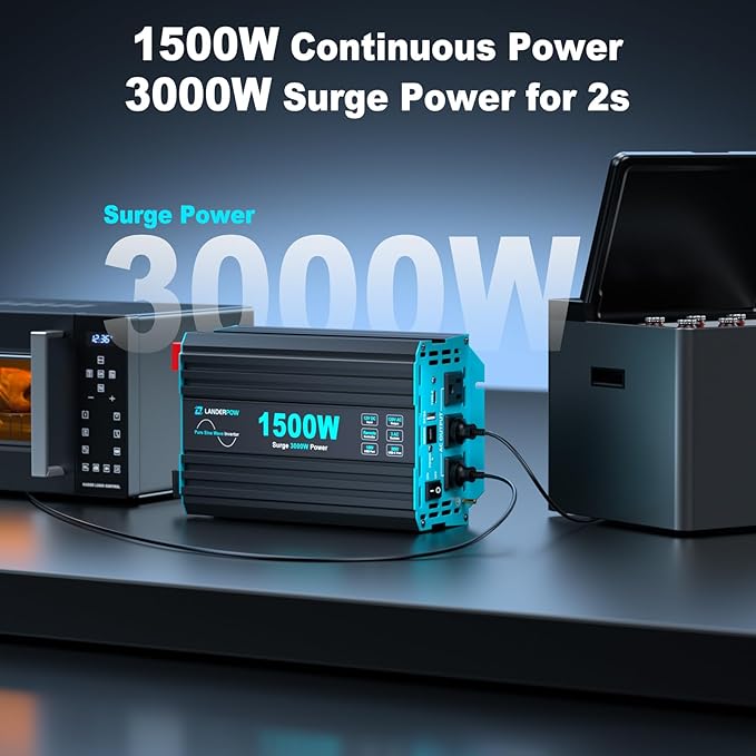 1500 Watt Pure Sine Wave Inverter, 12V DC to 120V AC Inverters for Car, RV, Truck, Home, Camping, Solar Power Inverter with 3 AC Outlet, 30W USB-C, 5V 3.1A USB, Remote Control, Surge 3000W