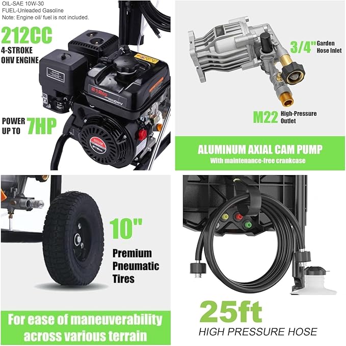 4200PSI Pressure Washer 4.0GPM Gas Power Washer 212CC Gas Powered Washing Machine Commercial High Pressure Washer with 25ft Hose&5 Nozzles for Patio Garden (Dark Black)