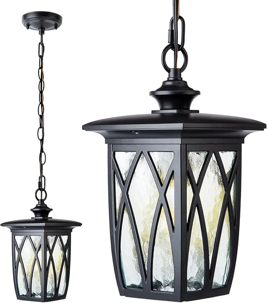 12'' Outdoor Pendant Light Fixture, Exterior Hanging Lantern, Modern Black Metal Outside Chandelier Light Fixture Ceiling Mount with Water Ripple Glass & Adjustable Chain for Porch, Gazebo, Front Door