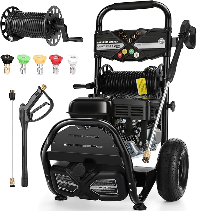 Professional 4200PSI 4GPM 212CC Gas Pressure Washer, 7.0 HP Commercial Gas Power Washer with 3L Foam Bottle 10" Wheels 5 Nozzles 33FT Hose for Home Car Fence Driveway (EPA/CARB/ETL Compliant) 77LBS