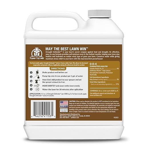 Turf Titan Drought Defender - Shields Heat and Nutrient Rich Plant Food - Ideal Summer Soil Liquid Fertilizer Promoting Healthy Green, Water-Conserving Turf Grass - Covers up to 8,000 Sq Ft