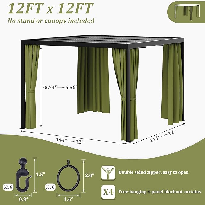 Gazebo Universal Replacement Privacy Curtain,12'×12' Gazebo Outdoor Waterproof Curtains, 4-Panels Sidewall Curtains with Double Zipper for Patio Canopy, Garden and Backyard (Curtain Only)