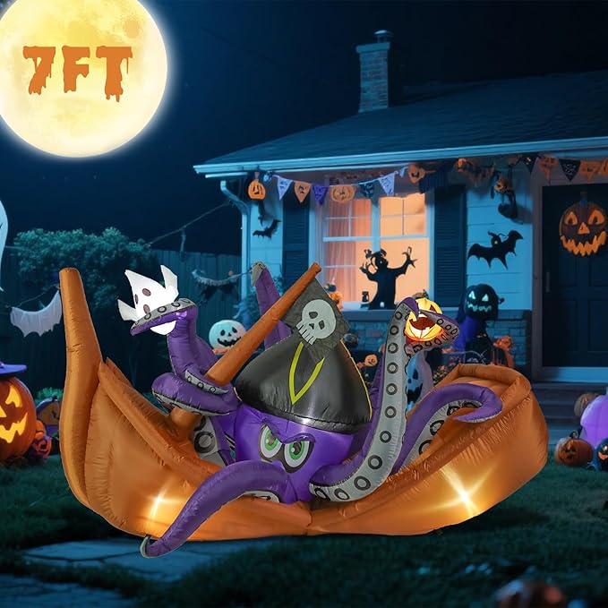 VCUTEKA 7FT Halloween Inflatable Octopus Pirate Ship Pumpkin Ghosts Outdoor Decoration, Blow Up Decor with LED Lights for Holiday Party Inflatables Indoor Home Garden Lawn Yard Decorations