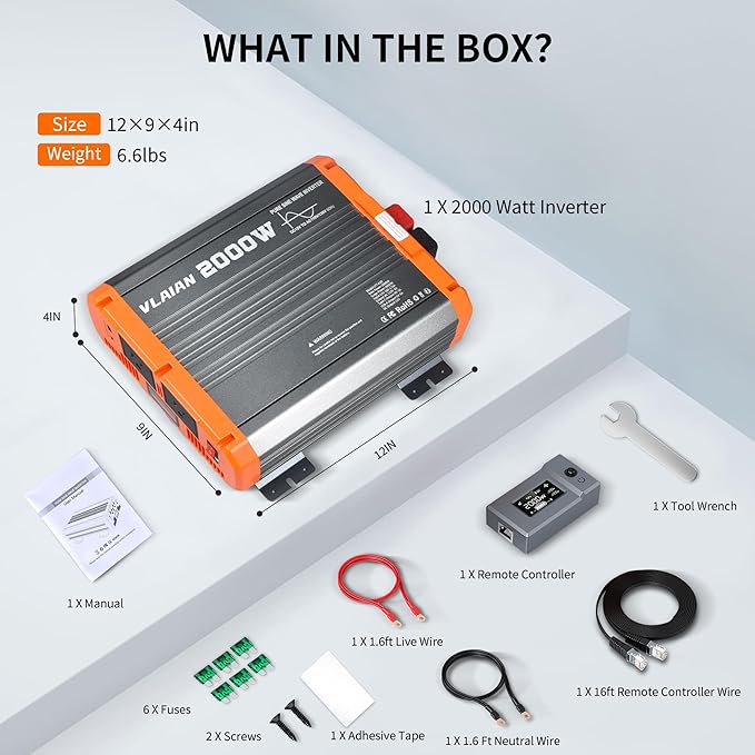 2000W Pure Sine Wave Inverter,12V DC to 110V AC Power Inverter for Vehicles RV,Truck,Car,Solar Off-Grid Converter with 2 AC Outlet,27W Type-C,5V 3A USB-A,Hardwire Port，16ft Remote Controller