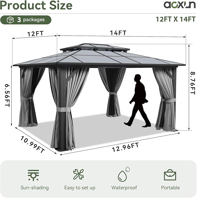 Aoxun 12'x14' Hardtop Gazebo, Aluminum Frame Permanent Pavilion with Curtains and Netting, Outdoor Polycarbonate Double Roof Canopy, Designed for Garden, Lawns, Patio, Gray