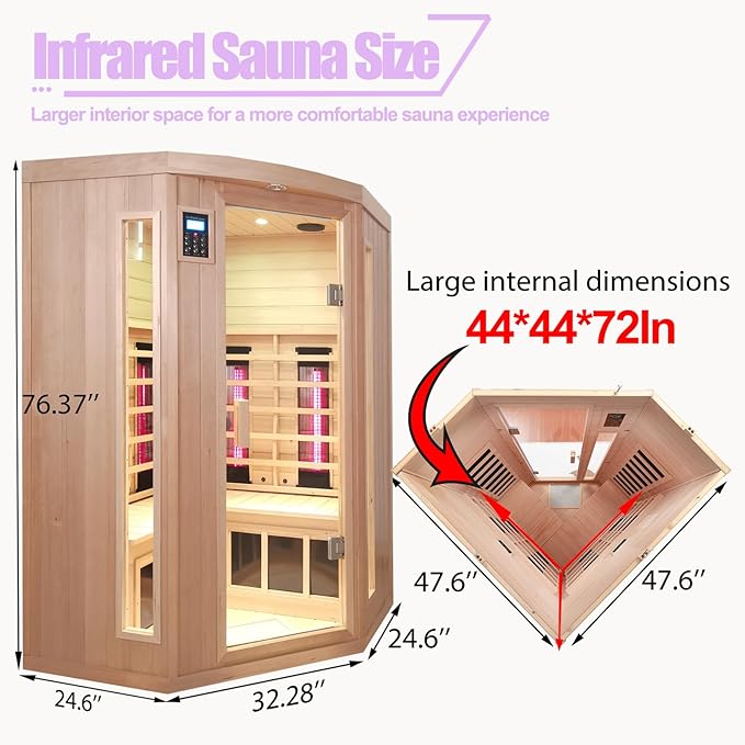 Infrared Saunas 2-3 Person, Ceramic Infrared Sauna for Home, Low EMF Indoor Home Sauna Spa, Ultra Large Size Corner Sauna, Hemlock Wood Sauna Room, Bluetooth Speakers, Chromotherapy Lights