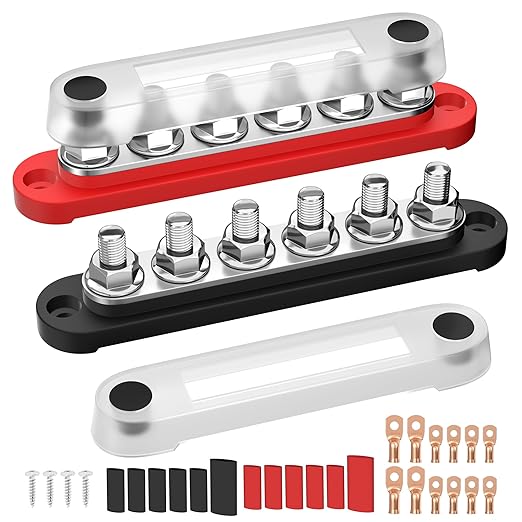 12V Bus Bar 250A Power Distribution Block, 12 Volt Busbars 6 x 5/16" (M8) Terminal Studs Positive & Negative for Car, Marine, Solar Systems