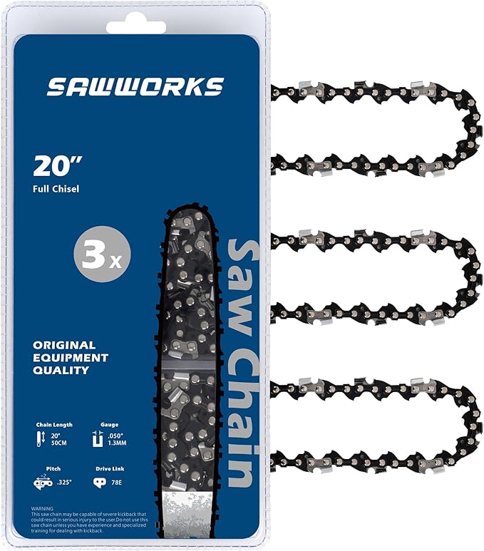3-Pack 20 Inch Chainsaw Chain, .325" Pitch .050" Gauge 78 Drive Links for Echo 20BPX78CQ, CS-490, CS-440, CS-450P, Craftsman CMXGSAMY462S, Oregon H78, M78 and More