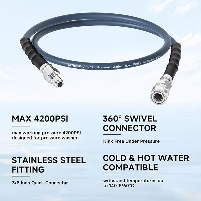 Pressure Washer Whip Hose 5FT 3/8'' pressure washer hose 5FT with Steel Wire Braided,Hose Reel Connector for Power Washer,Suitable for Ryobi,Troy Bilt,Greenworks,Simpson(4200PSI)
