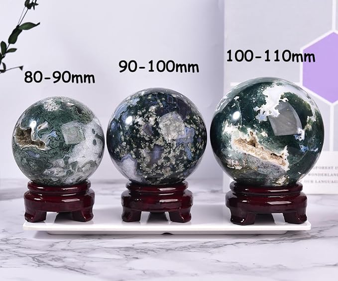 Large Moss Agate Crystal Sphere Natural Healing Crystal Ball with Stand Meditation Decorative Balls Home Decor 80-90mm/3.1-3.5"