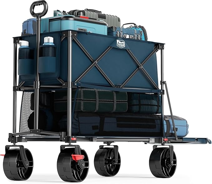 TIMBER RIDGE 400L Large Capacity Folding Double Decker Wagon with Brakes, 54" Extra Long Extender Wagon Cart, 450lbs Heavy Duty Collapsible Cart, All-Terrain Big Wheels for Camping, Sports, Shopping