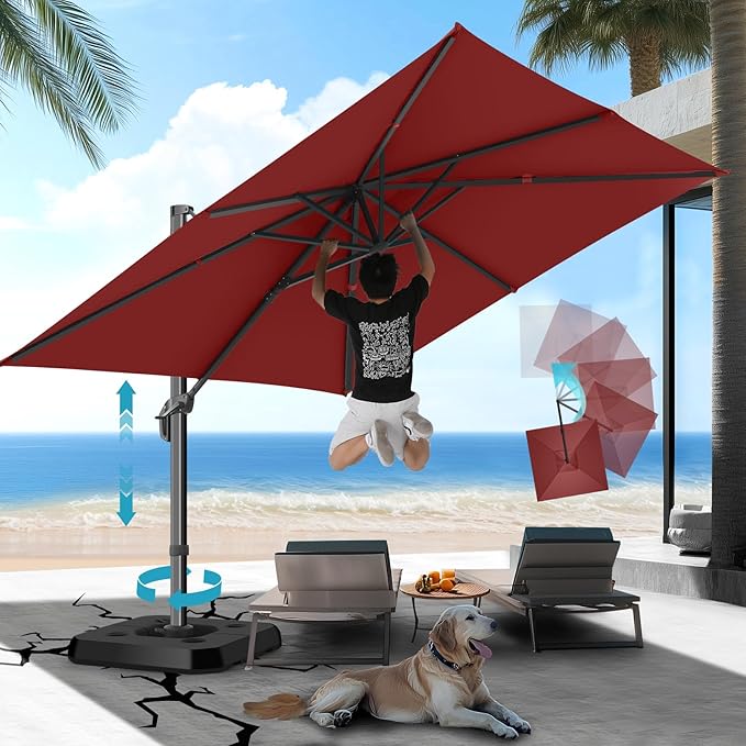 Hotime 10x10ft Large Cantilever Patio Umbrellas - Upgrade and Intensify - with 360 Rotation and 5 Angles Adjustment - Aluminum Offset Pool Umbrella Square Outdoor Umbrella for Patio Garden