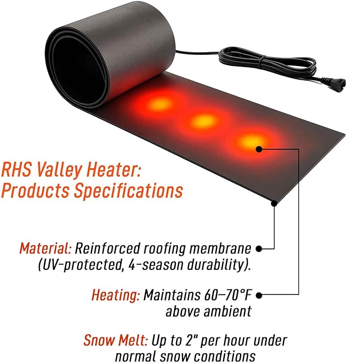 RHS Roof & Valley Snow Melting Mats – Ice Dam Prevention, American-Made, Black, Melts 2” Snow/Hour (15’ x 13”)