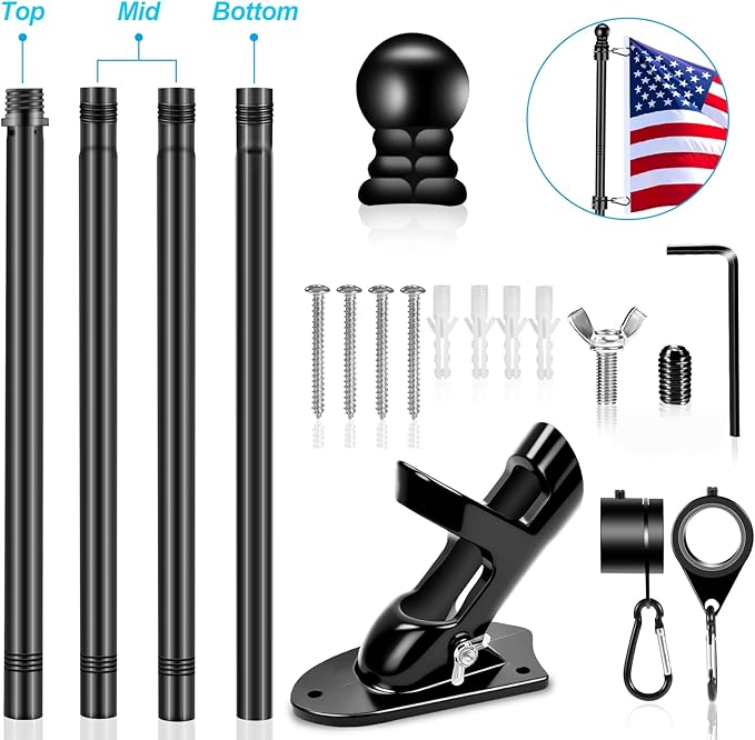 5 FT House Flag Pole Kit, 1" Spinning Thicken Stainless Steel Metal Flagpoles for Outside House Porch Post Wall Mount with 2-Position Flagpole Holder Bracket & 360° Flag Ring for 3x5 Flag(5 FT, Black)