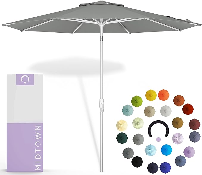 Midtown Umbrellas The Swilt 10 Feet Patio Umbrella in Terylast Matter (Grey) Polyester Fabric - Fiberglass Ribs, Auto-Tilt Aluminum Frame For Backyard, Deck, Garden, Pool - White Pole