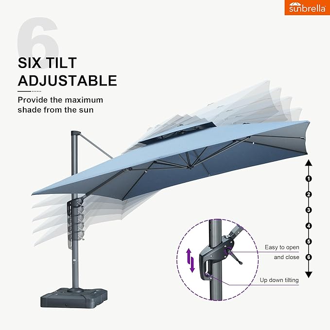 PURPLE LEAF Cantilever Umbrella with Base Included 12FT Outdoor Square Double Top Large Offset Hanging 360° Rotation Heavy Duty Umbrella for Garden Patio Deck Pool Spectrum Denim