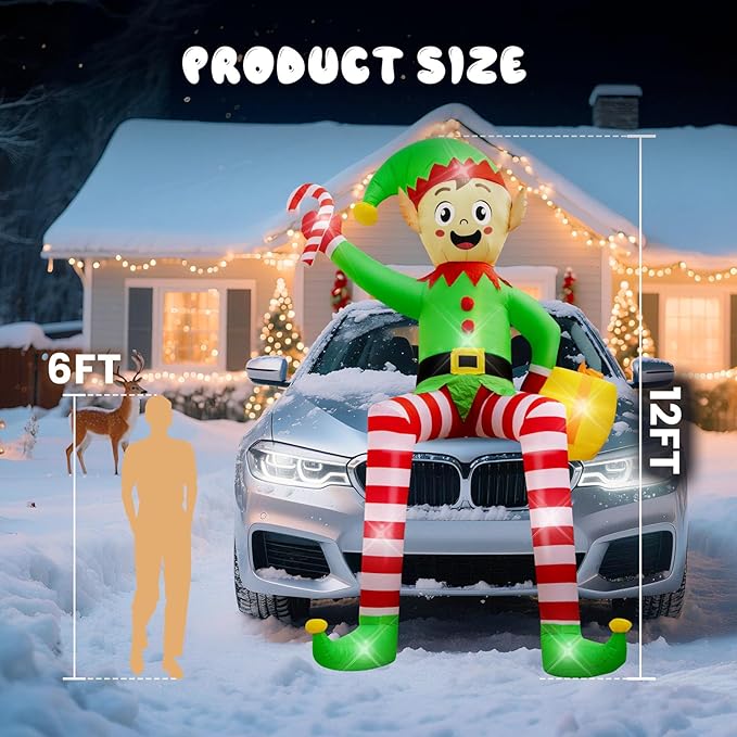 12FT Christmas inflatables, Christmas Inflatable Outdoor Decoration Sitting Elf with Built-in Led Lights, Christma Blow Ups Outdoor Roof Yard Lawn Xmas Decor