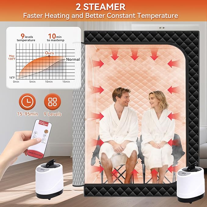 Home Sauna Portable, Upgraded Extra Large 2 Person Sauna Box with 2x3L 1300w Steamer, 2 Big Folding Chair, 9 Levels Heat, Timer,Remote Control - Steam Sauna Room Tent for Home Spa 71”x 49”x 35”, Black