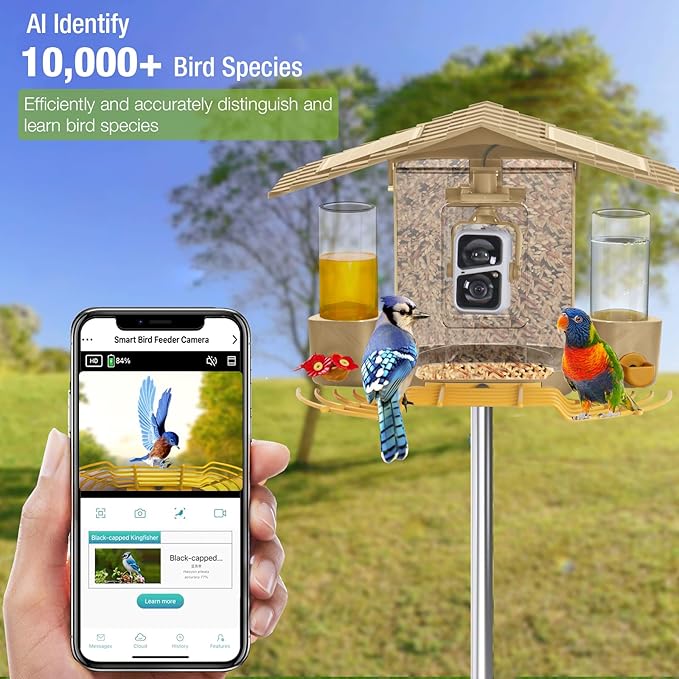 GUTINNEEN Smart Bird Feeder with Camera, High Resolution AI Camera for Wild Bird Identification, Hummingbird Feeder with Camera Solar Powered, Wireless Camera Gift for Bird Lover (Yellow), AIR106