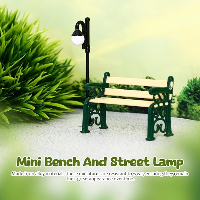 Toyvian Dollhouse Miniature Park Bench Miniature Garden Chair Seat Props Fairy Garden Bench with Mini Street Lamp Post Light Decor for Dollhouses Decoration Garden Ornaments
