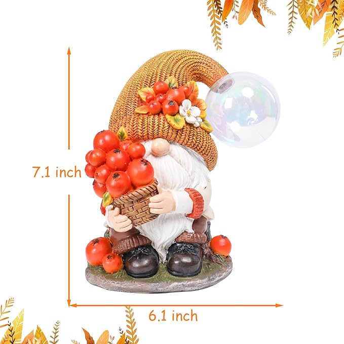 Bdor Fall Gnomes Garden Decor 7 Inch – Harvest Gnome Statue with LED Crackle Globe Lights, Autumn Yard Ornaments for Thanksgiving, Outdoor Lawn, Porch, Patio, Garden Decorations