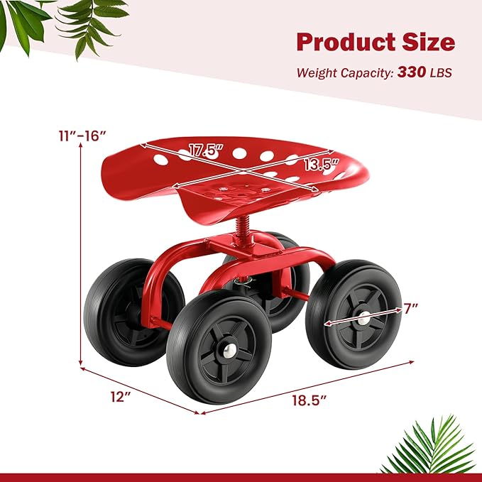 Rolling Garden Seat, Garden Cart with 360° Swivel Work Seat & Adjustable Height, Heavy Duty Garden Seat with Wheels for Lawn Yard Patio Greenhouse Planting Cleaning (Red)