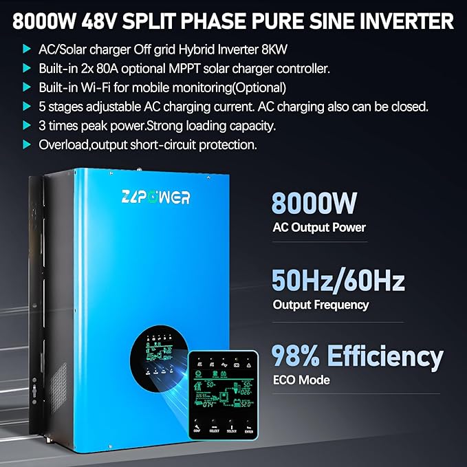 ZLPOWER 8000W 48V Off-Grid Inverter Charger, Peak Power 24000W for 20s, 240V AC Input, 120/240V Split Phase Output, Pure Sine Wave, UL1741 Certified, Built-in 2 MPPT Low Frequency for Solar System