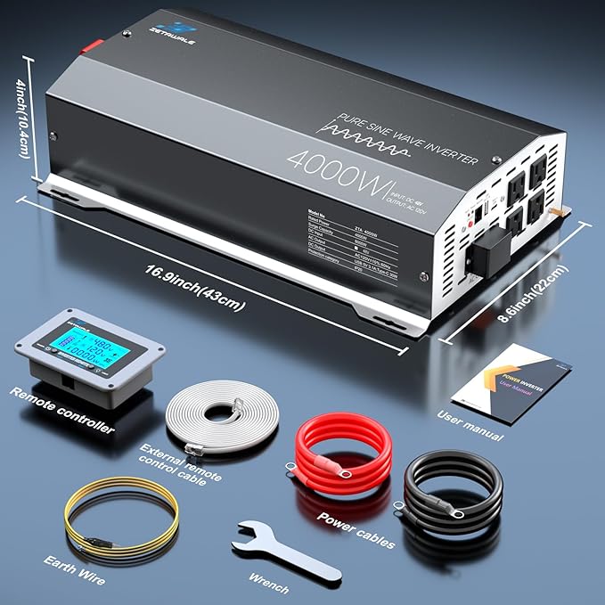 48V 4000 Watt Pure Sine Wave Inverter 48V DC to 110V 120V AC Converter,8000W Peak Power Inverter with 4 AC Outlets,USB Port,Type-C,Remote Control LCD Display for Truck,RV,Vehicles,Solar Off-Grid