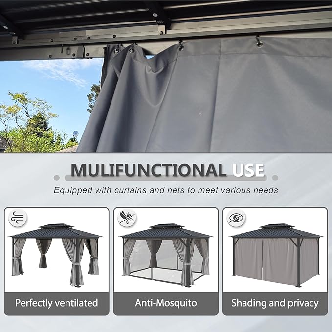 Aoxun 10'x12' Hardtop Gazebo Featuring Aluminum Frame & Double Galvanized Steel Roof, Outdoor Metal Shelter with Netting, Plus LED Waterproof Hanging Lights
