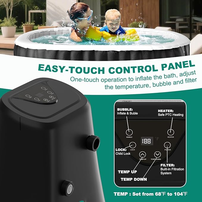 DoCred 1-2 Person Inflatable Hot Tub, 75" X 47" X 25" Oval Blow Up Portable Hot Tub with 100 Bubble Jets, Large Outdoor Spa Bathtub Set Included Heater Pump, Insulated Cover and Side Table