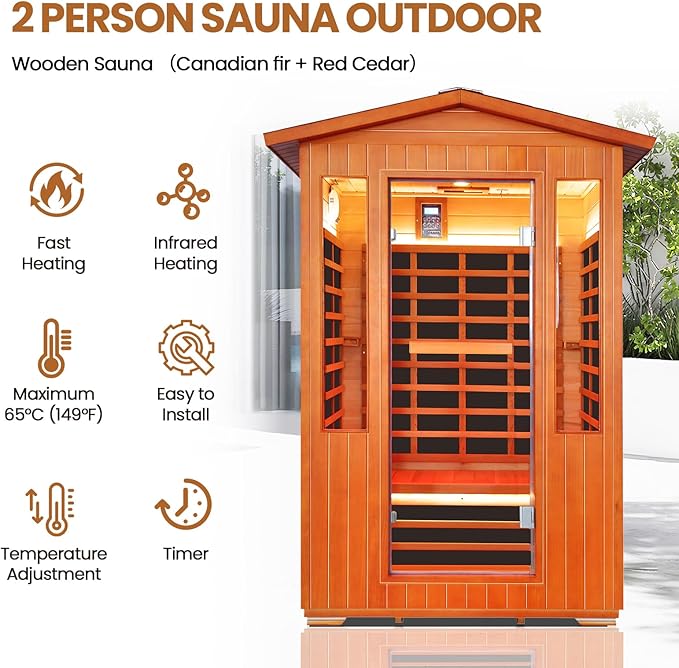 Outdoor Sauna 2 Person Sauna Infrared Saunas Dry Sauna Room 2080W/110V Low EMF Outer Board Red Cedar/Inner Board Fir Wood, Oxygen Bar, Speaker, LCD Control Screen, LED Lights - 48.8*38.2*81.9 in