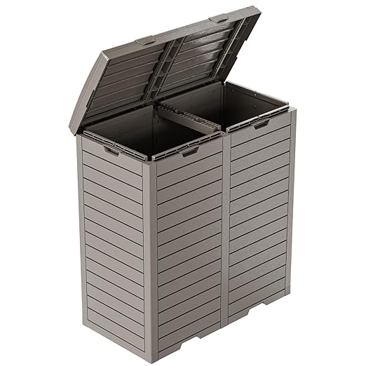 Outdoor Trash Can with Lid, Outdoor Trash Bin & Pull-Out Liquid Drawer, Dual Lid Closure Design, Waterproof Resin Garbage Can Container for Patio, Backyard, Deck (Grey, 62 Gallon)