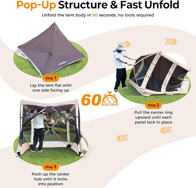 Tecoom 4 Side Pop Up Gazebo Tent, 6x6ft Waterproof Instant Screen with Mosquito Netting, Removable Wind Cloths, Portable Outdoor Canopy for Sun Shelter for Camping, Garden and Picnics