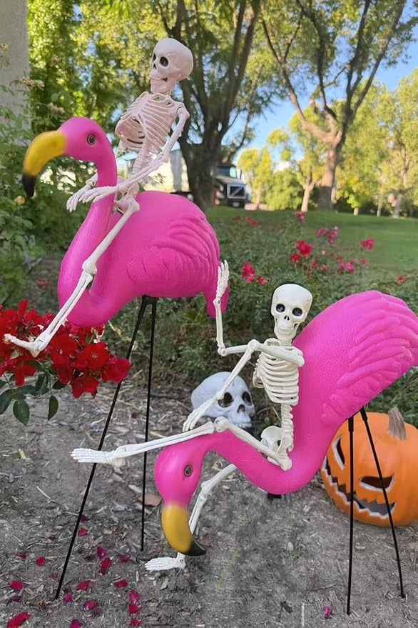 GIFTEXPRESS 8‑Piece Halloween Yard Decorations – 4 Posable 16 inch Skeletons + 4 Pink Flamingo Lawn Ornaments with Rust‑Resistant Stakes & Pink Zip Tie, Outdoor Garden Statues, Spooky Graveyard Decor