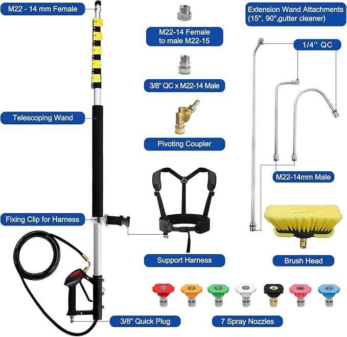 RAYNEL 25FT Telescoping Pressure Washer Extension Wand with Brush Head,2 Power Washer Extension Wands, Gutter Cleaner Attachment,7 Spray Nozzle Tips,Support Belt and 2 Hose Adapters