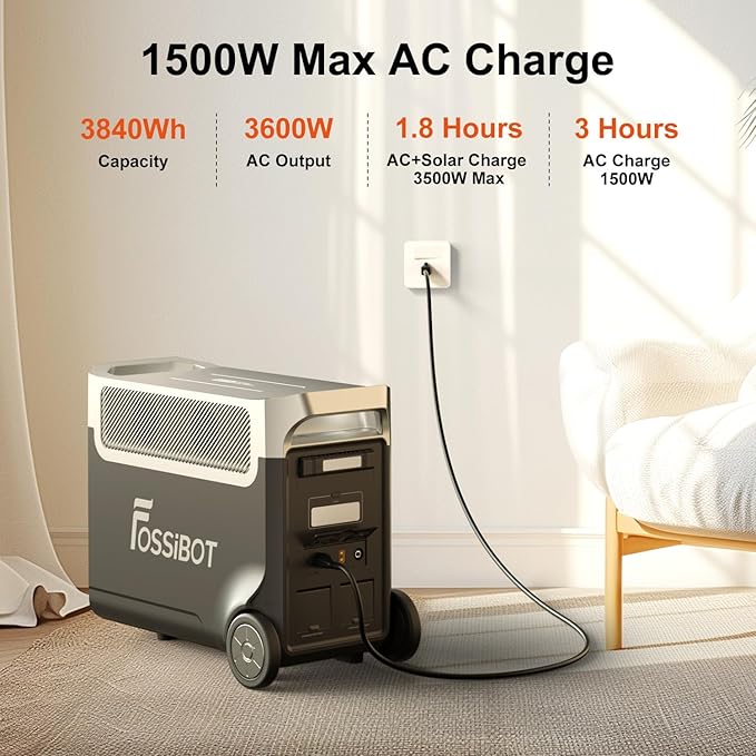FOSSiBOT F3600 Portable Power Station, 5 x 120 V AC Output 3600 W/3840Wh LiFePO4 Battery Electric Solar Generator for Garage, Home, Off-Grid Living, Camping, RVs, Outdoor Adventures, Power Outages