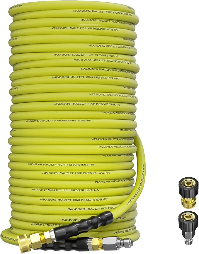 Pressure Washer Hose 200FT 3/8" for Cold and Hot Water 212°F, with Swivel Quick Connect, 4500PSI Kink Resistant Grade Steel Wire Braided, Power Washer Hose With 2pcs M22-14mm Adapter