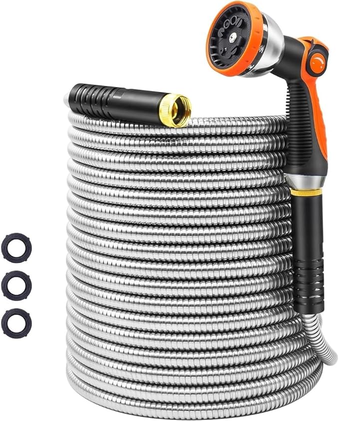 Garden Hose 100FT, Stainless Steel Water Hose with Nozzle, Flexible, Lightweight, Puncture Proof, Never Kink & Tangle, Heavy Duty Garden Hose for Yard and Outdoor