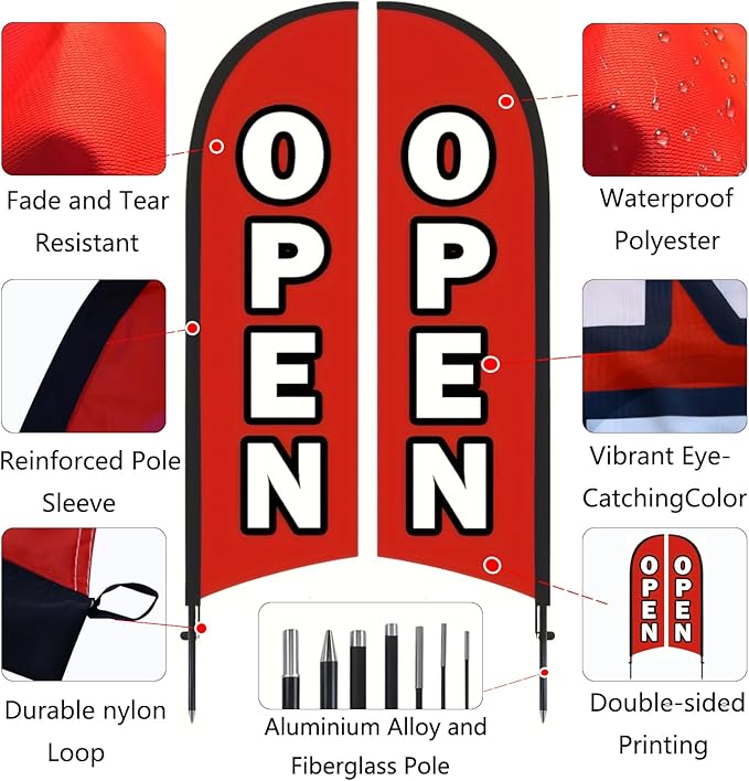 Open Flags for Businesses, 9.18FT Double-Sided Outdoor Advertising Swooper Banner with Pole Kit & Ground Stake – Tear-Resistant Polyester Feather Flag for Shops, Events & Promotions