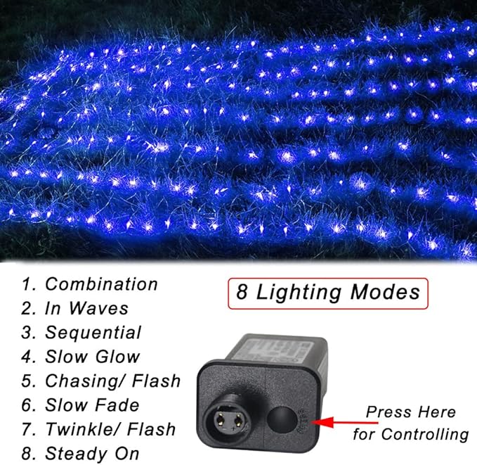 Pooqla Net Lights, 300LED Christmas Outdoor Mesh Light, 14.8x4.9 ft Fairy String Light with 8 Modes Green Wire, Connectable Waterproof for Bushes Tree Garden Halloween, Blue