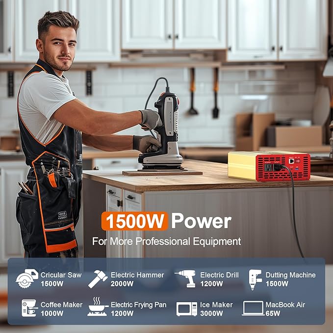 1500W Pure Sine Wave Power Inverter, DC 12V to AC 120V Converter with 3000W Surge, LCD Display, Remote Control, 2 USB Ports & 3 AC Outlets — for RV, Solar, Home Backup