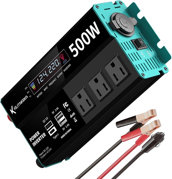 Power Inverters 12V DC to 110V AC Converter for Vehicles USB-C/PD 25W Fast Charging Ports Car Charger Adapter with a Cigarette Lighter Ports Plug Outlet (Modified sine wave-500W)