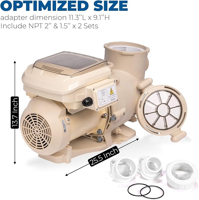 XtremepowerUS 3.0HP SuperFlow Variable Speed High-Flo Pool Pump In-Ground Pool Energy Efficient 230V, 9,720GPH 1-1/2” & 2” Adapter w/Timer, Compactible EC-342001