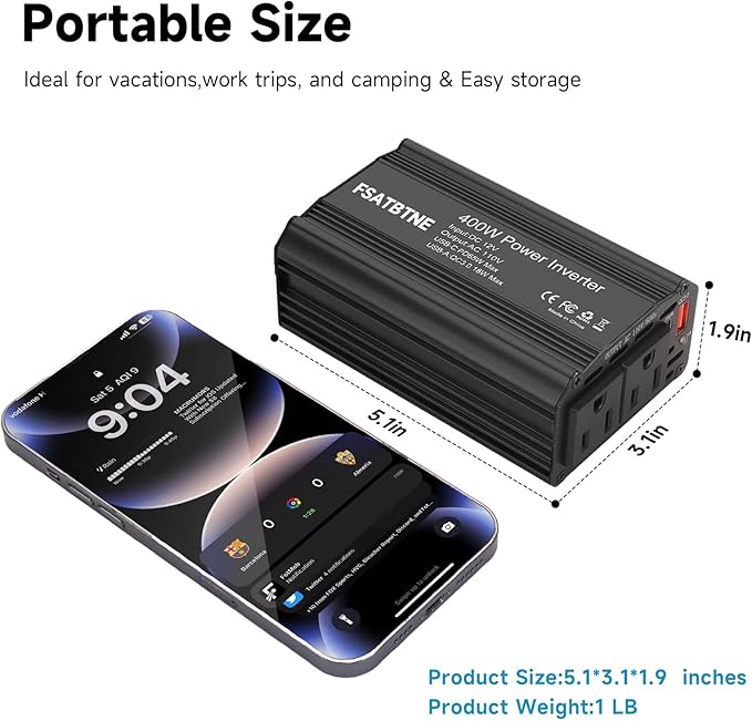 400W Power Inverter, FSATBTNE DC 12V to 110V AC Car Plug Adapter Outlet Converter with [65W PD USB-C] & [18W QC USB-A] Fast Charging Ports and 2 AC Outlets Car Power Inverters for Vehicles Black
