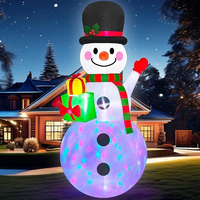 Danxilu 8 FT Christmas Inflatable Snowman Outdoor Decoration, Built-in Colorful LED Lights Xmas Inflatable Snow Man with Gift Box Blow Ups Yard Decoration for Outside Garden Lawn Holiday Party Decor