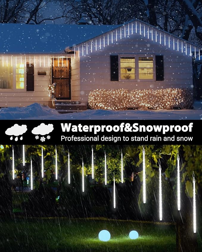 Cool White 20 Tubes Meteor Shower Icicle Lights 480 LED Raindrop Lights with Timer Function Cascading Falling Rain Light for Holiday Party Christmas Decorations