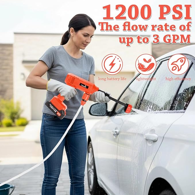 Power Washer,1200 PSI Cordless Pressure Washer with 2×21V Battery&6-in-1 Multi-Function Nozzle,Portable Pressure Washer Suitable for Cleaning Vehicles, patios, Glass, Floors, and Watering Plants