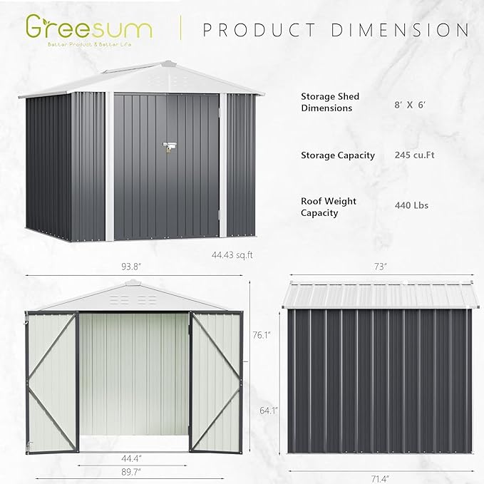 Greesum 8x6FT Outdoor Storage Shed, Utility Tool Shed Metal Storage Garden Shed with Door & Lock for Patio Storage, Gray