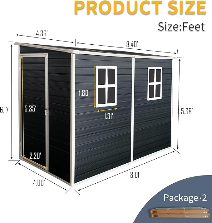 LANTRO JS Plastic Shed with Floor Included, Outdoor Plastic Shed, 4x8FT Storage Shed with Floor Included with Two Windows, Lockable Doors for Garden Tools