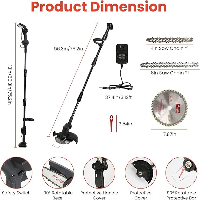 3-in-1 Cordless Pole Saw & Mini Chainsaw & Grass Trimmer, 21V Battery Powered 6 Inch Electric Pole Chainsaw, 12.3ft Max Reach, 5.5 LB Lightweight Pole Saws for Tree Trimming, Branch Cutting